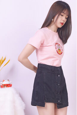 Round Neck CNY Embroidered 新年快乐 Rabbit Top (Peach)